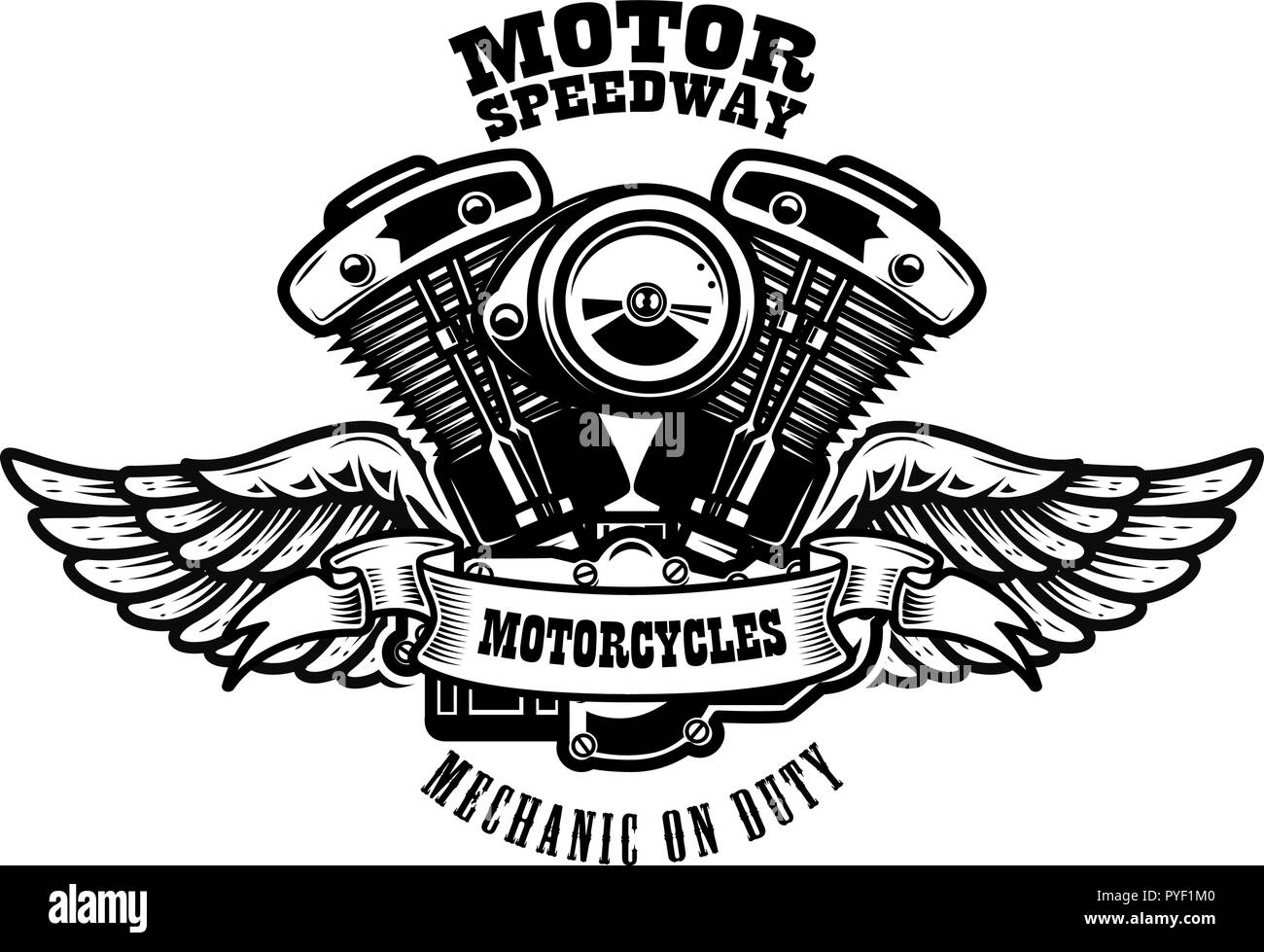 Emblem template with winged motorcycle motor. Design element for poster