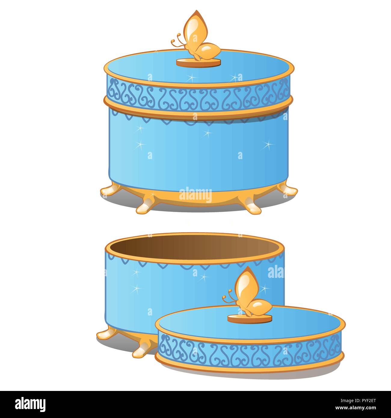Set of closed and opened round ornate gift boxes with lids blue color ...