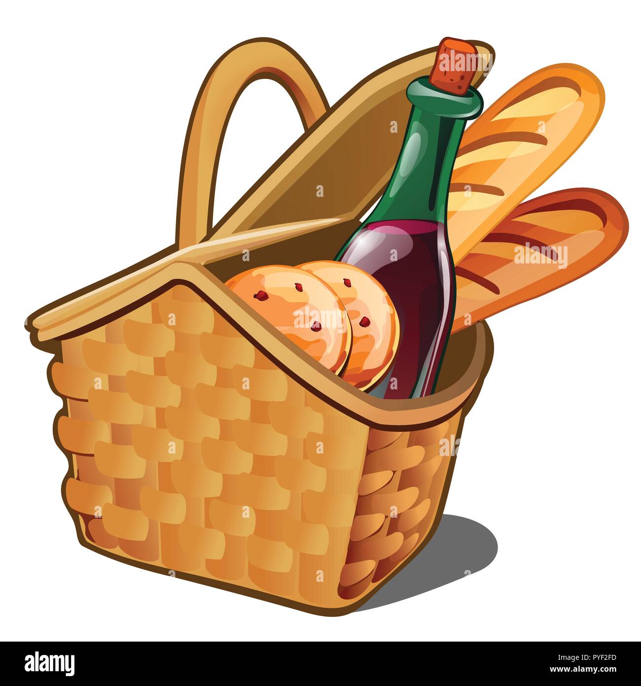 Picnic wicker basket with food product, oatmeal cookies, bottle of wine ...