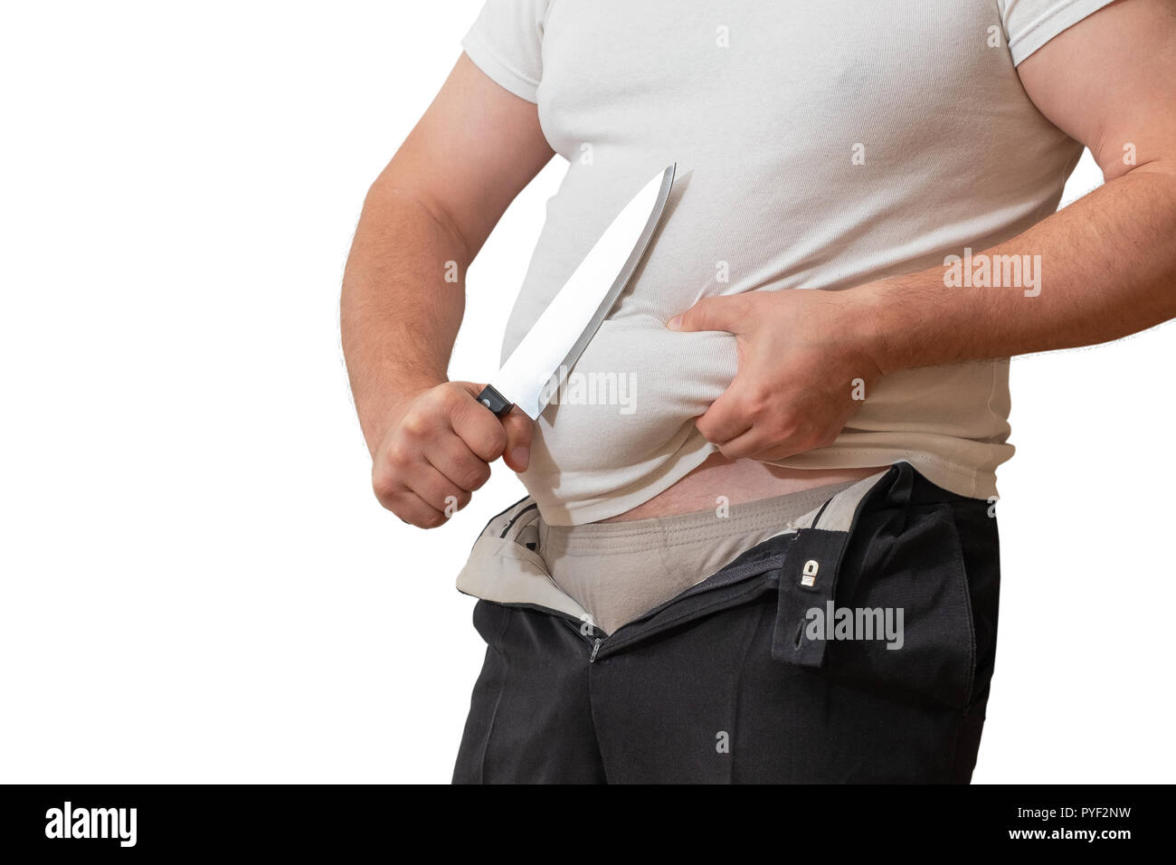 A man with one hand holds the fat fold on his big belly, and in the