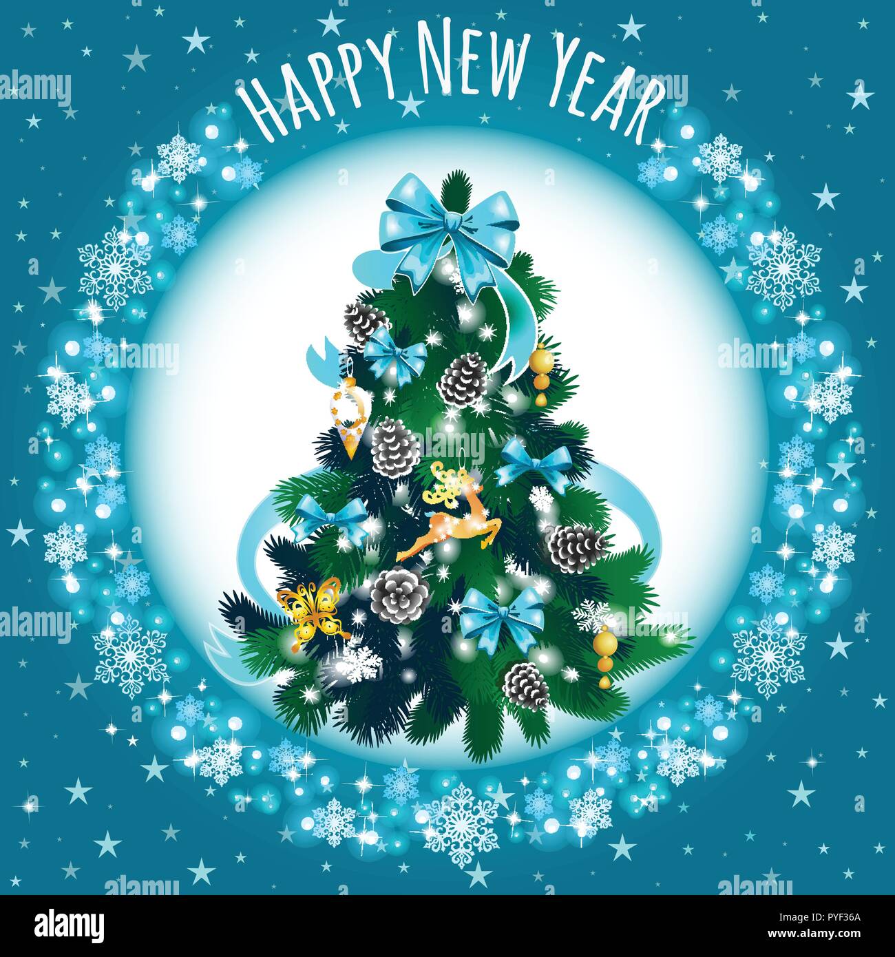 Sketch With Cute Christmas Tree With Blue Ribbon Bow. New Year Gifts, Texture Of Snowflakes, Classic Christmas Decorations And Baubles. Sample Of Poster, Invitation And Other Card. Vector Illustration Stock Vector