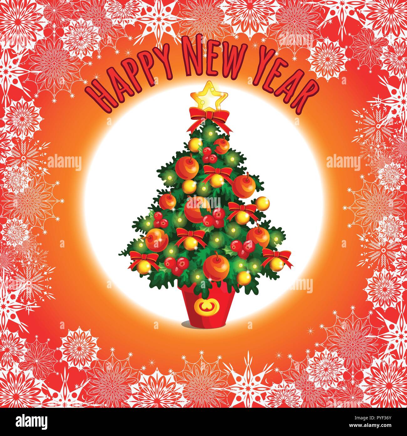 Sketch With Cute Christmas Tree With Red Ribbon Bow. New Year Gifts, Texture Of Snowflakes, Classic Christmas Decorations And Baubles. Sample Of Poster, Invitation And Other Card. Vector Illustration. Stock Vector