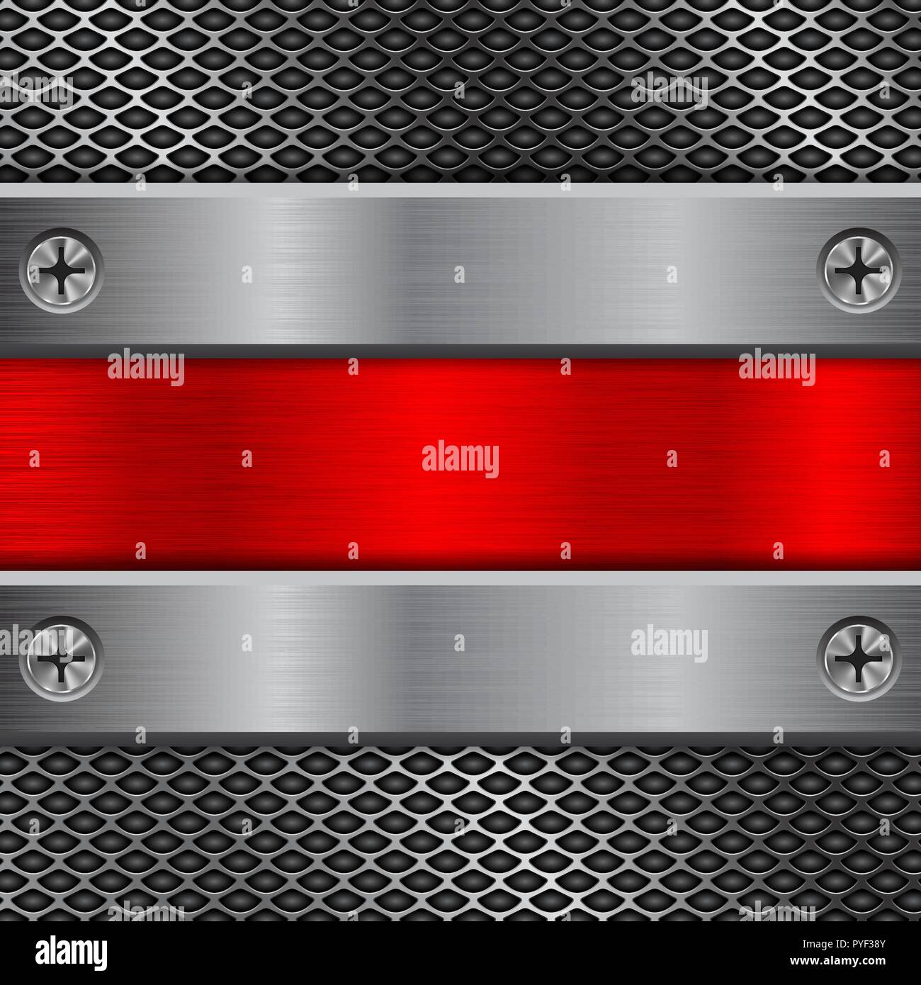 Metal perforated background with red brushed iron plate and screws ...