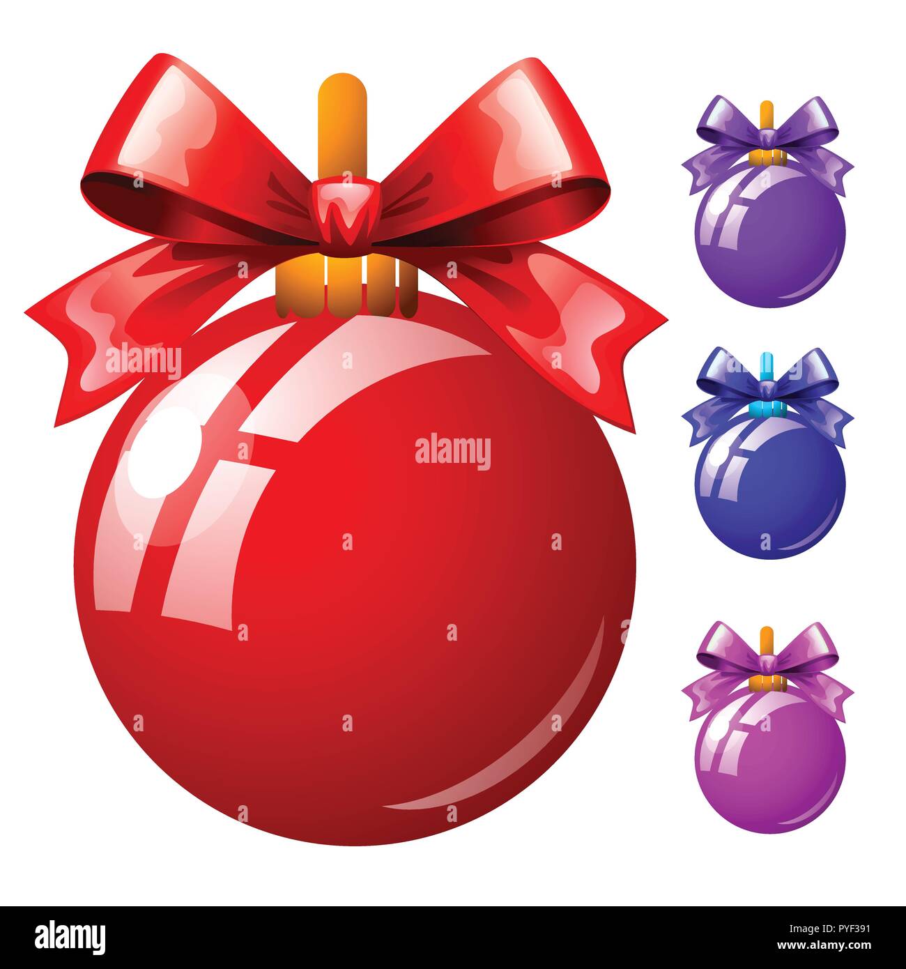 Set of multicolored Christmas balls with bowknots isolated on white ...