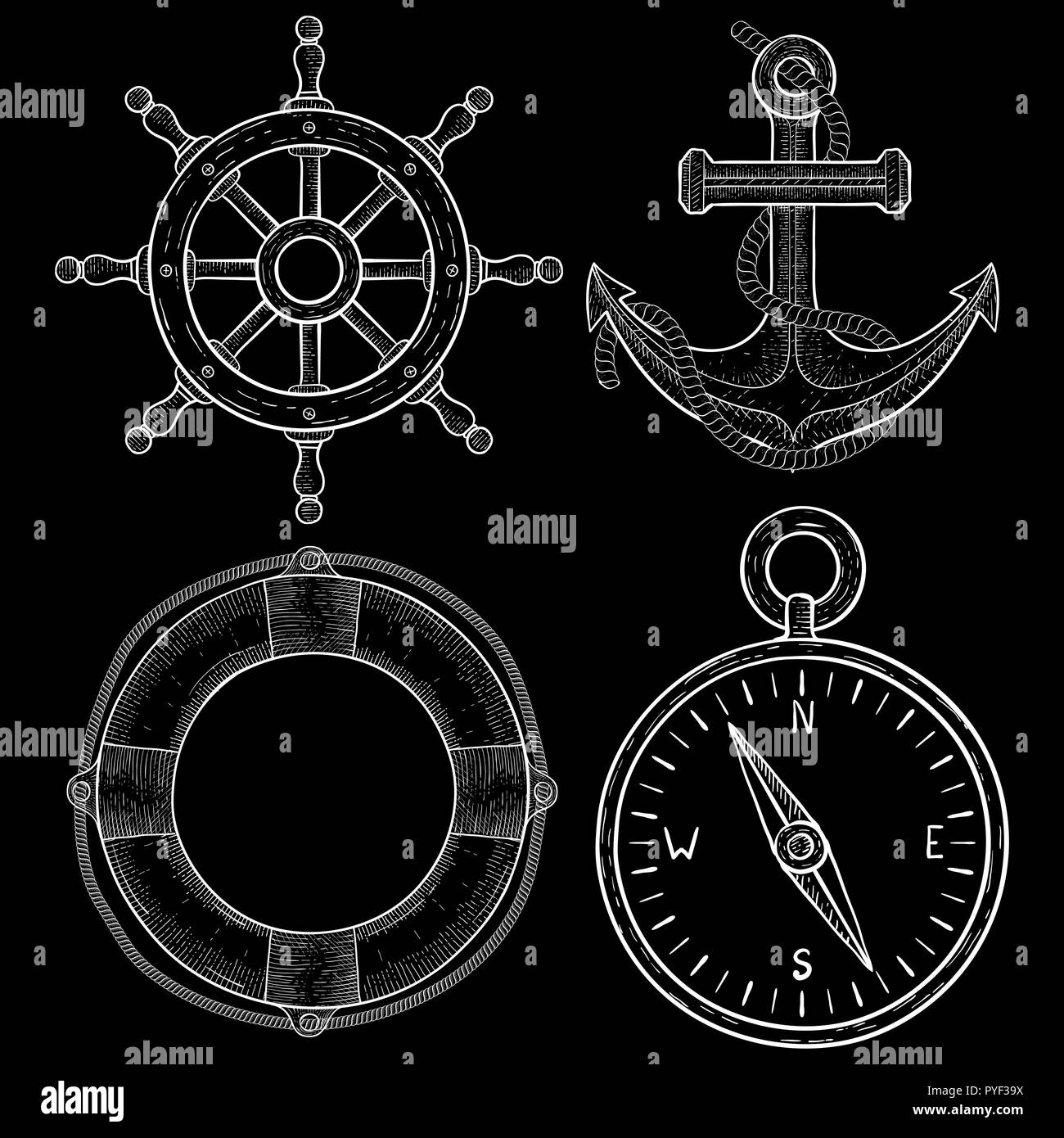 Sailing symbols - steering wheel, anchor, lifebuoy, compass. Hand drawn sketch Stock Vector