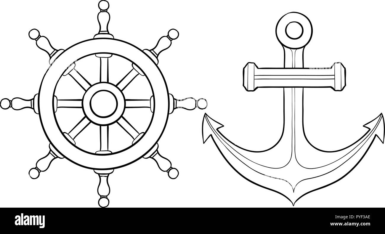 Anchor and steering wheel. Hand drawn sketch Stock Vector