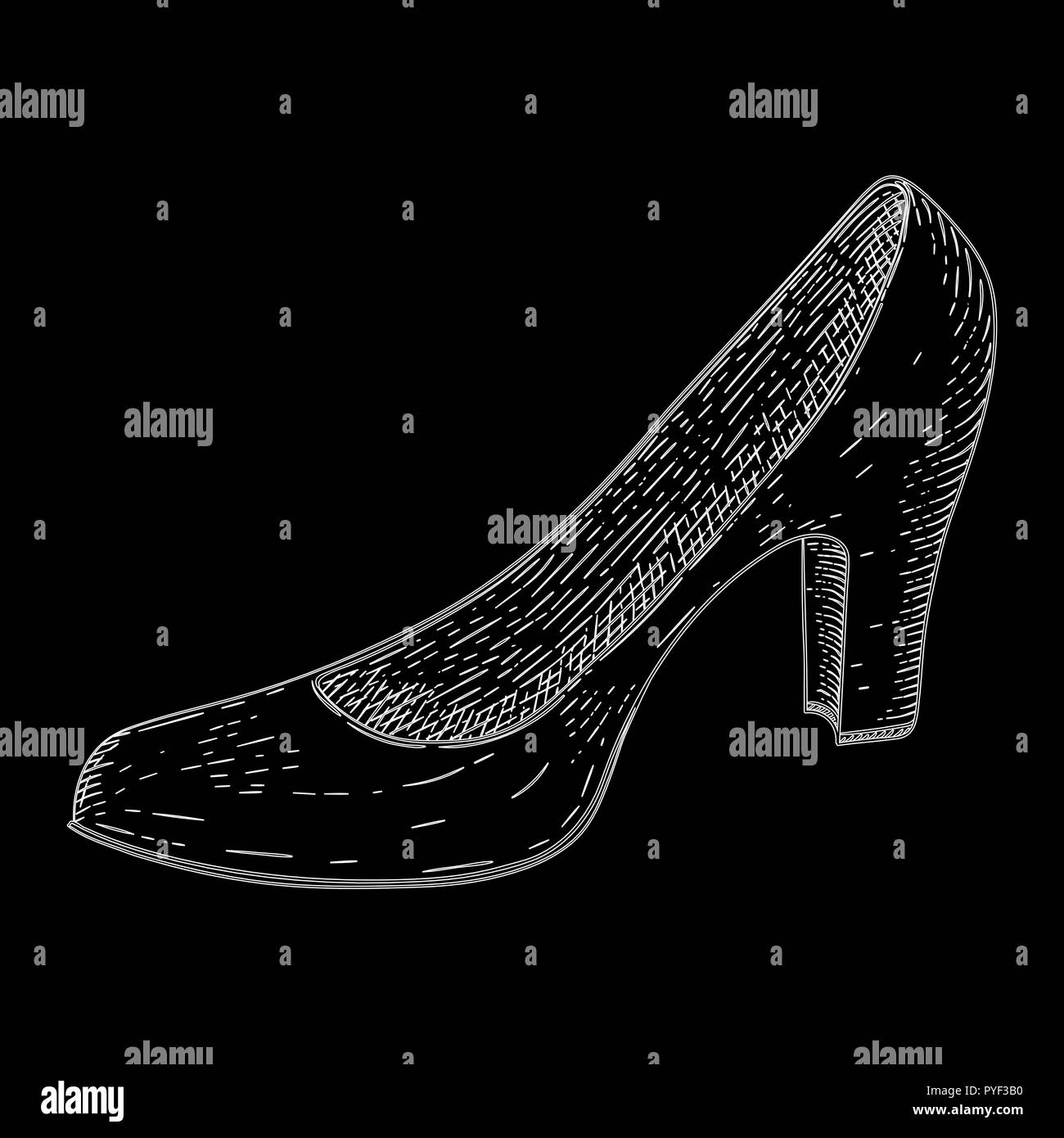 Women shoe. Hand drawn black and white sketch Stock Vector
