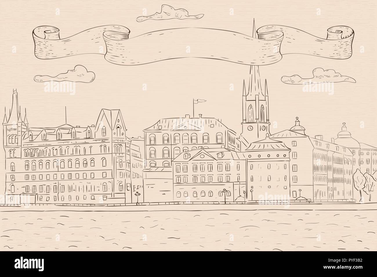 Old city of Stockholm, lake view. Hand drawn sketch. Outline drawing on beige background Stock Vector