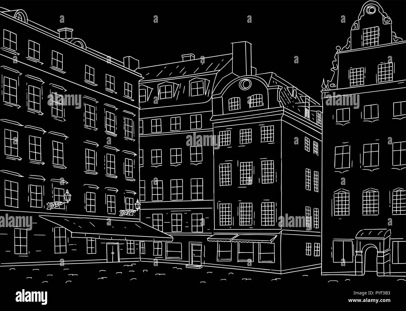 Stockholm Stortorget square. Black outline hand drawn sketch Stock Vector