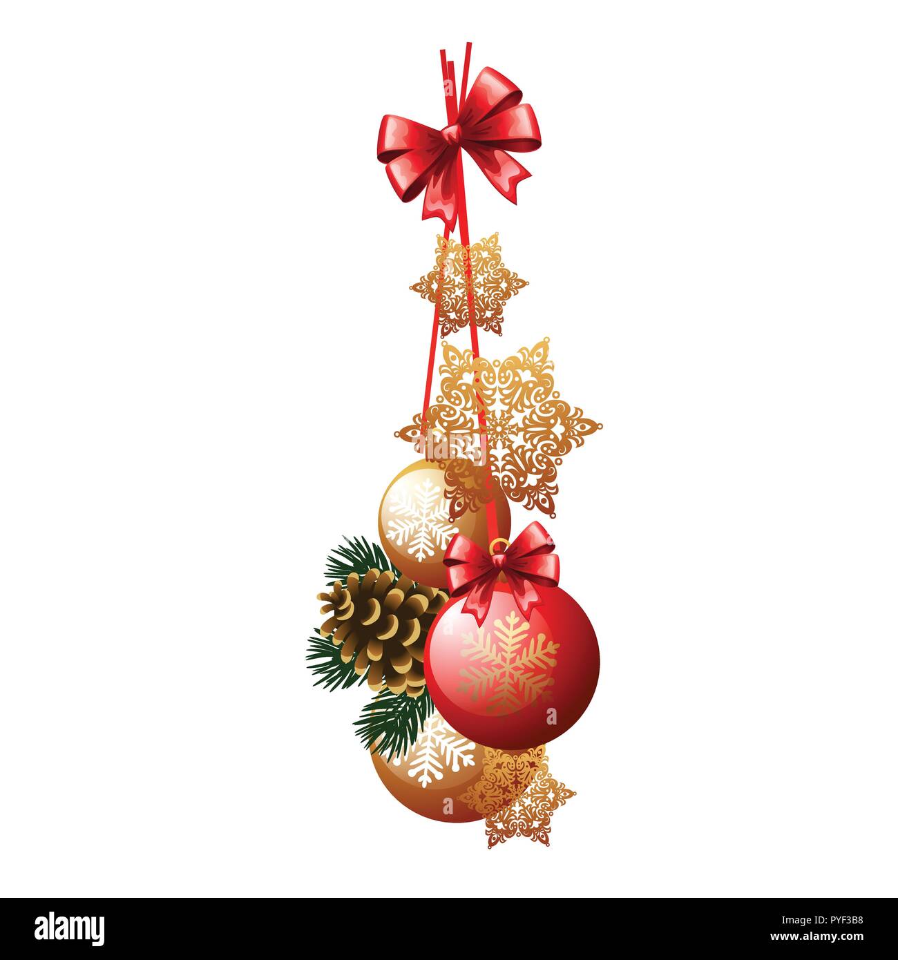 Christmas decoration in the form of a bundle red and golden glass balls and baubles isolated on white background. Design of Christmas gift with snowflakes and red ribbon bow. Vector illustration. Stock Vector