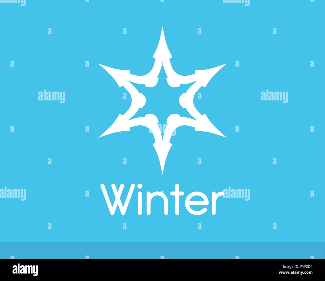 Winter Snowflake symbol white color isolated on blue. Vector Logo of Freeze Frost Star. Stock Vector