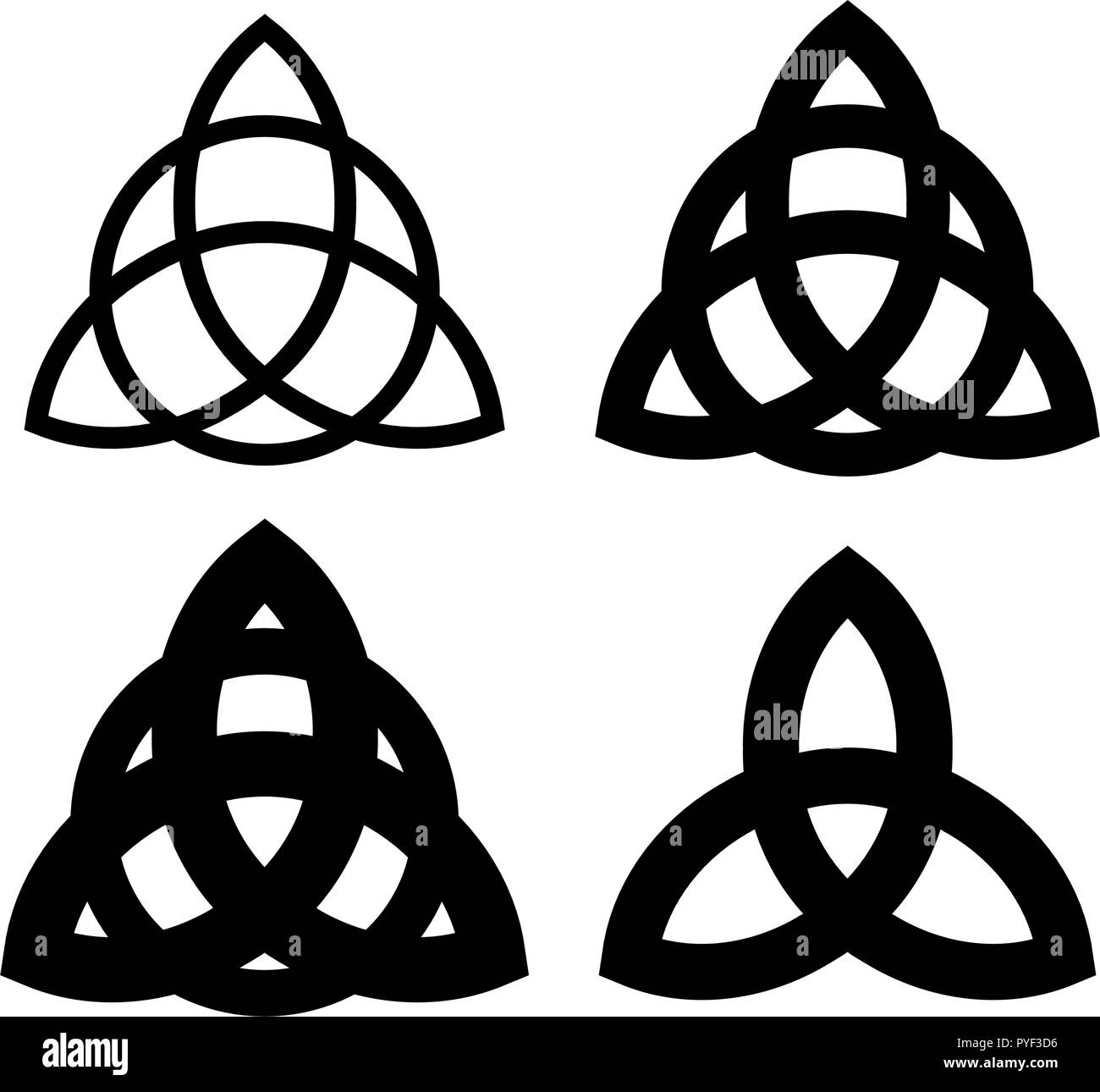 Triquetra - Wiccan symbol from Charmed. Celtic Pagan trinity knots different forms. Vector icons of ancient emblems. Stock Vector