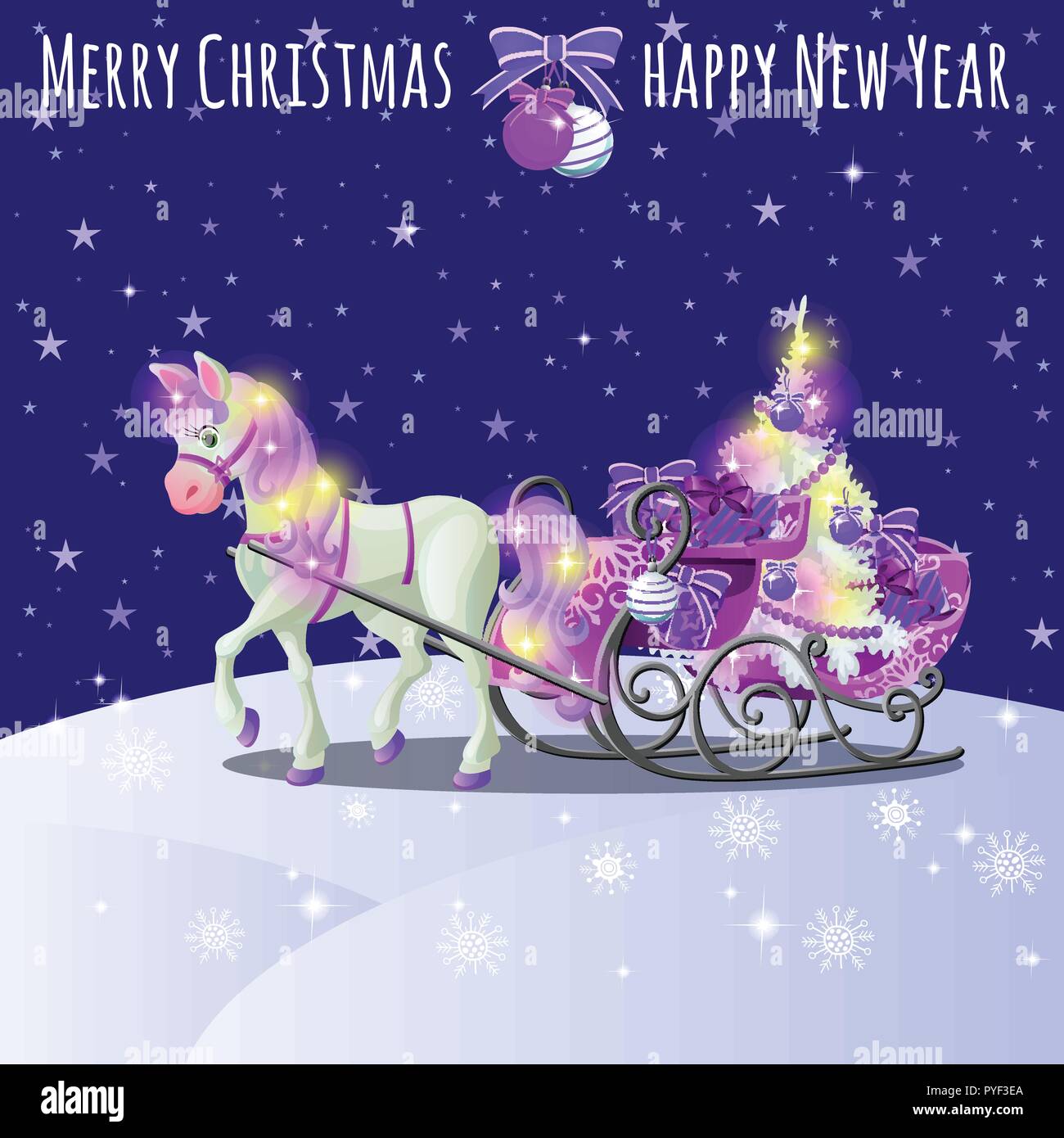 Christmas sketch with animated horse with a pink mane and hooves ...