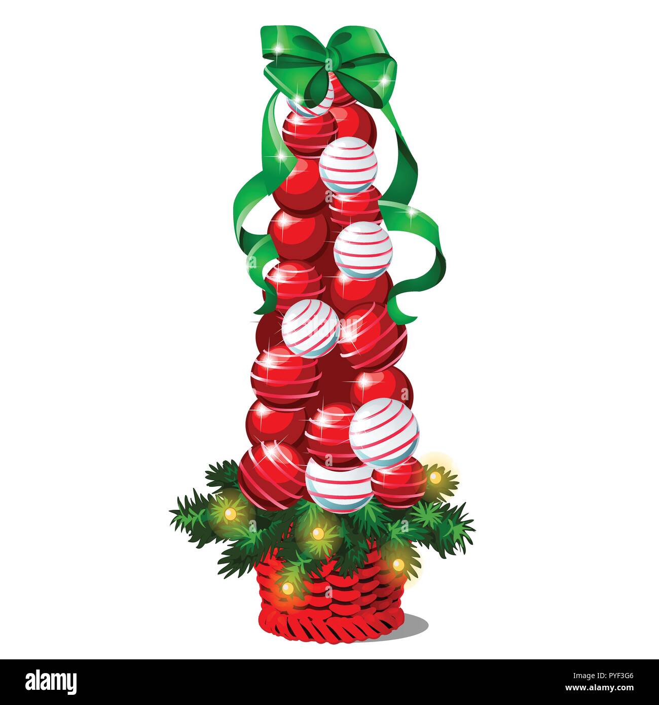 Cartoon topiary in the form of a cone Christmas tree with baubles and green ribbon bow. Sketch for greeting card, festive poster or party invitations.The attributes of Christmas and New year. Vector. Stock Vector