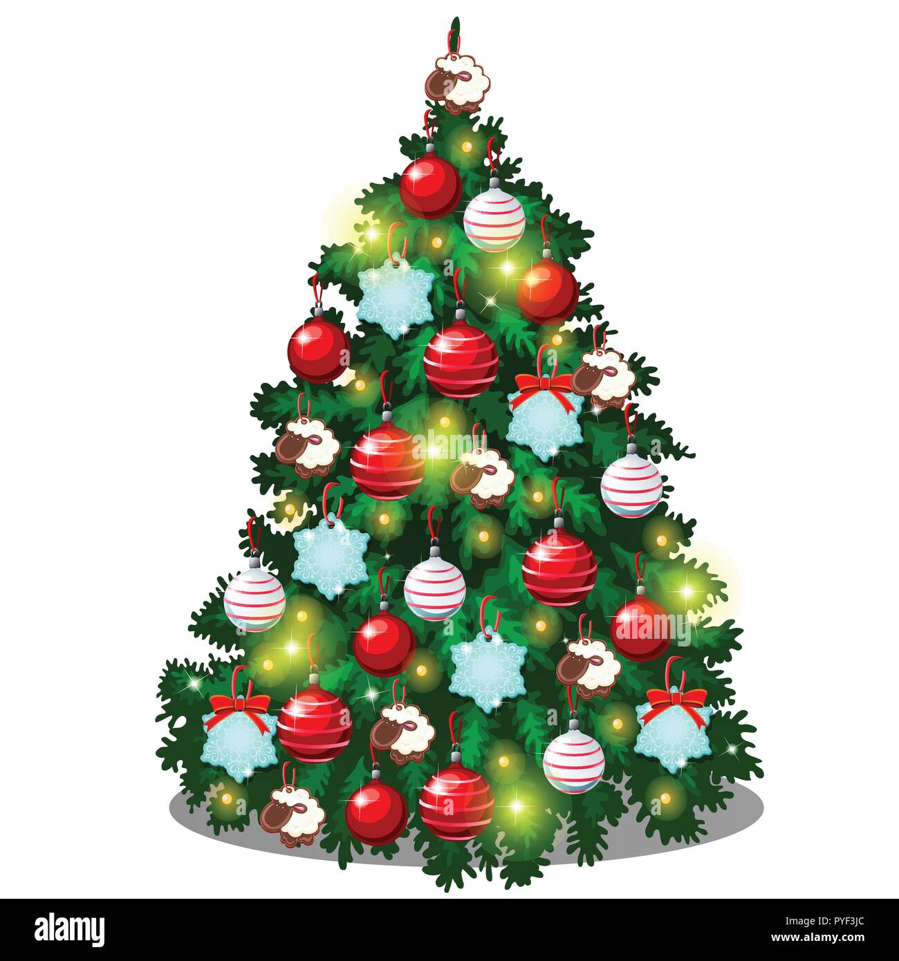 Sketch With Cute Christmas Tree With New Year Gifts, Classic Christmas Decorations And Baubles. Sample Of Poster, Invitation And Other Card. Vector Illustration. Stock Vector