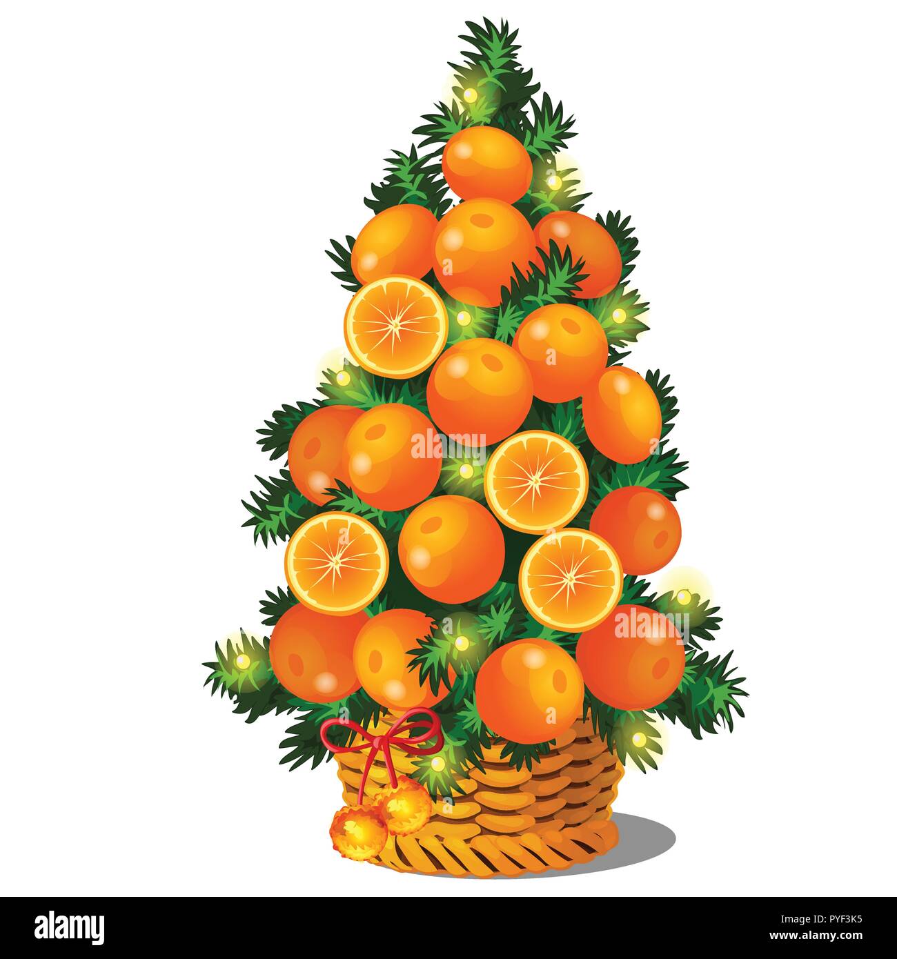 Cartoon topiary in the form of a cone Christmas tree with oranges. Sketch for greeting card, festive poster or party invitations.The attributes of Christmas and New year. Vector. Stock Vector