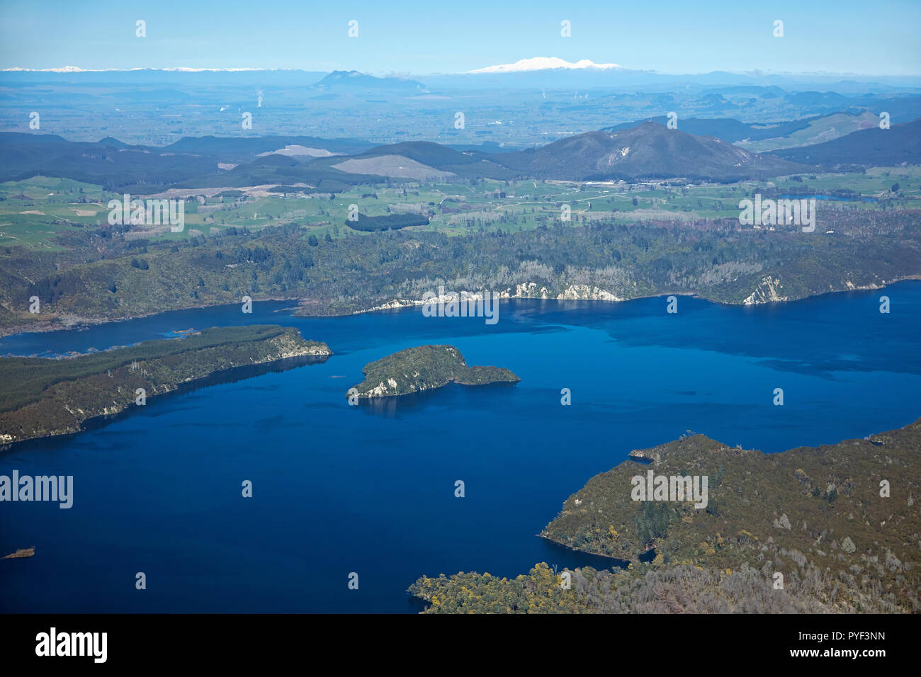 Lake Rotomahana, and Patiti Island, near Rotorua, North Island, New Zealand - aerial Stock Photo