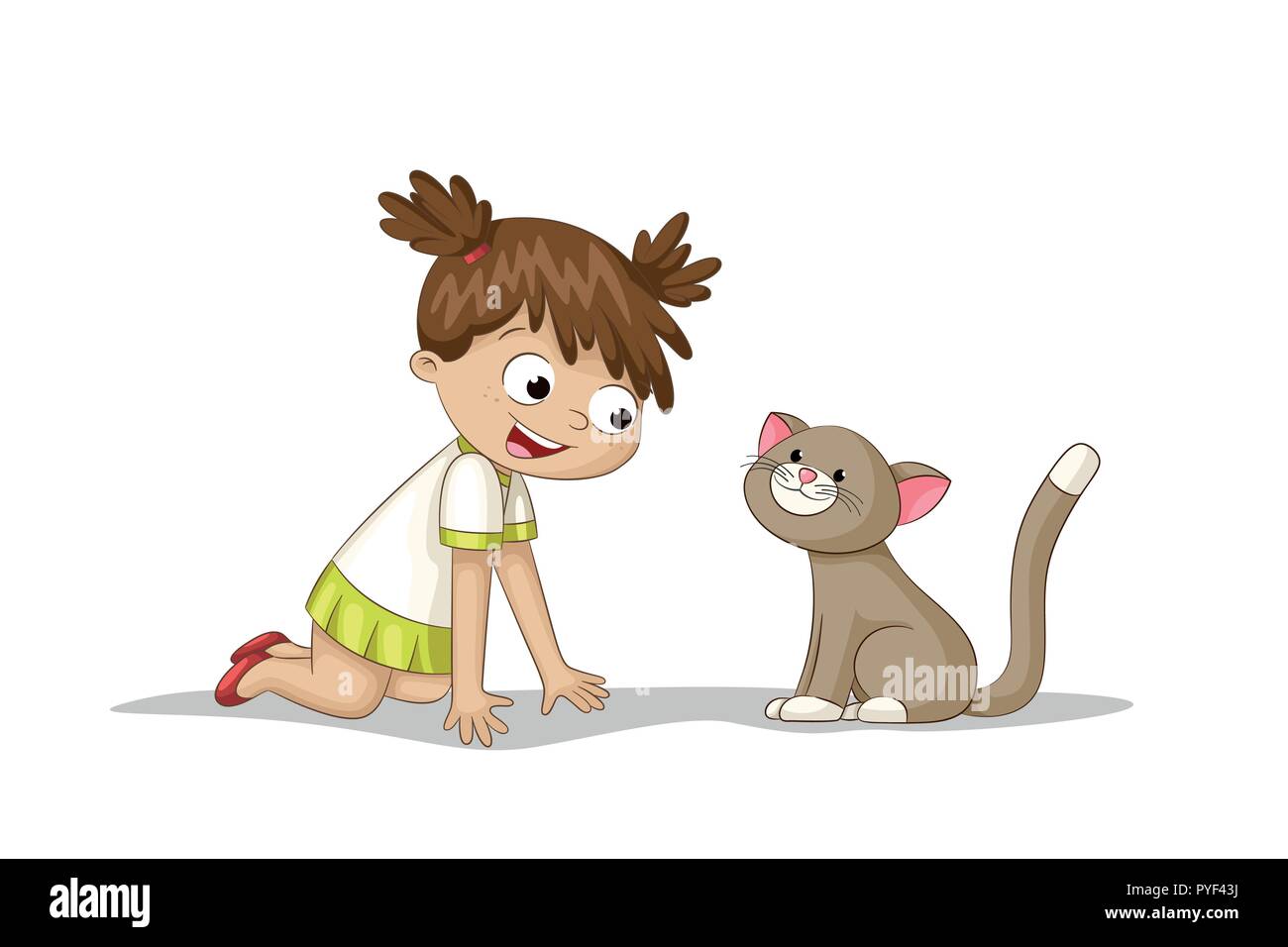 Girl is playing with a cat, isolated on white background Stock Vector