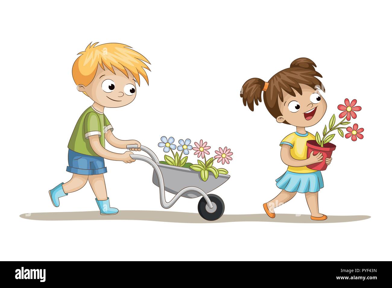 Two kids with flowers, isolated on white background Stock Vector