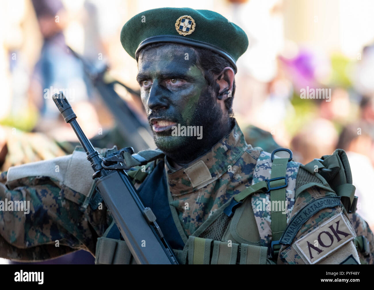 28/10/18: Cyprus: Cypriot soldiers on parade to commemorate Ochi Day in Paphos  town centre, Cyprus. Stock Photo