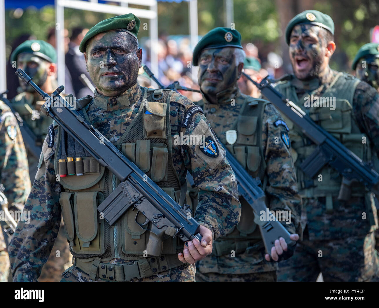 28/10/18: Cyprus: Cypriot soldiers on parade to commemorate Ochi Day in Paphos  town centre, Cyprus. Stock Photo