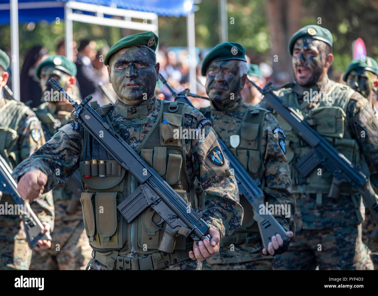 28/10/18: Cyprus: Cypriot soldiers on parade to commemorate Ochi Day in Paphos  town centre, Cyprus. Stock Photo