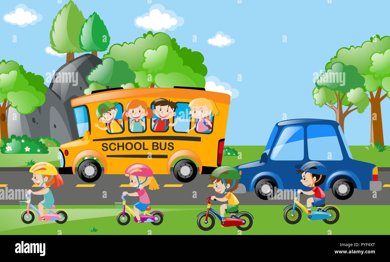 Children on bus and bike illustration Stock Vector Image & Art Alamy
