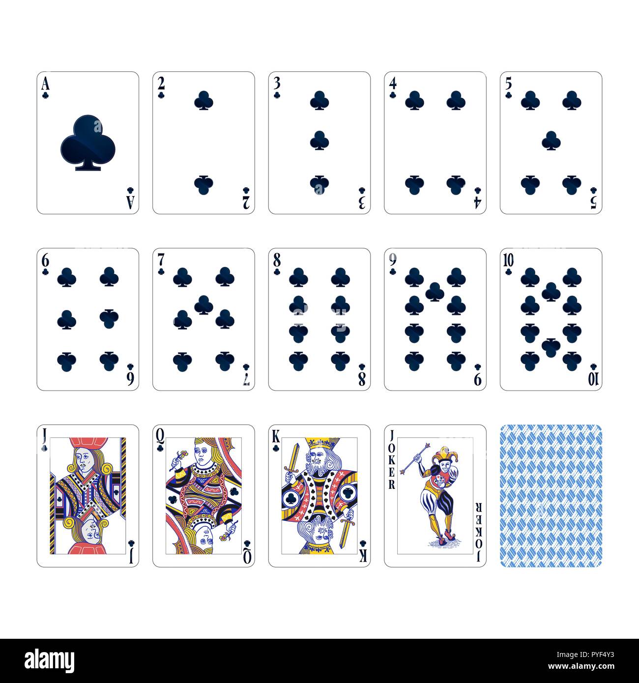 Full set of clubs suit playing cards with joker on white Stock Vector