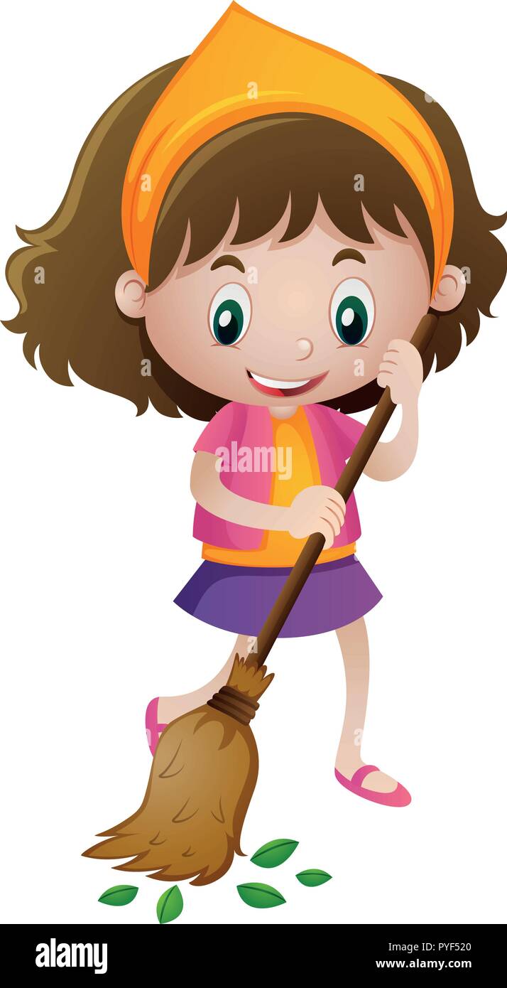 Happy girl sweeping leaves illustration Stock Vector Image & Art Alamy