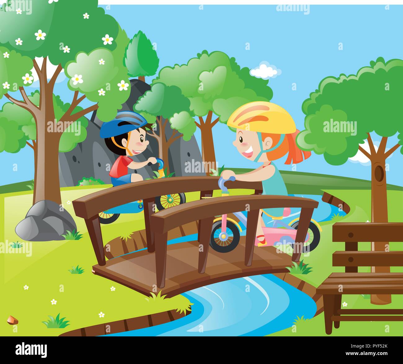 Two kids riding bike over the bridge illustration Stock Vector Image ...
