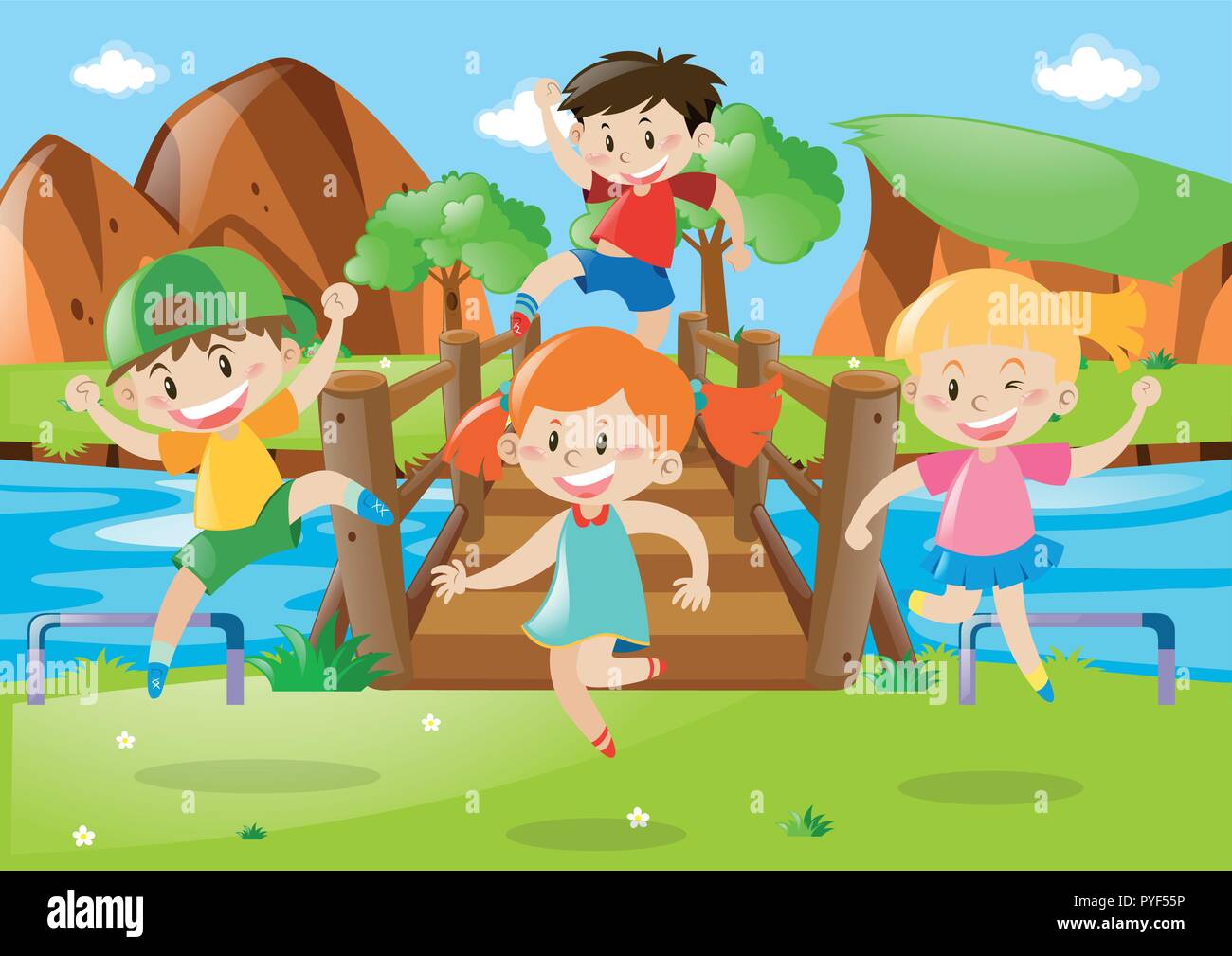 Children crossing wooden bridge illustration Stock Vector Image & Art ...