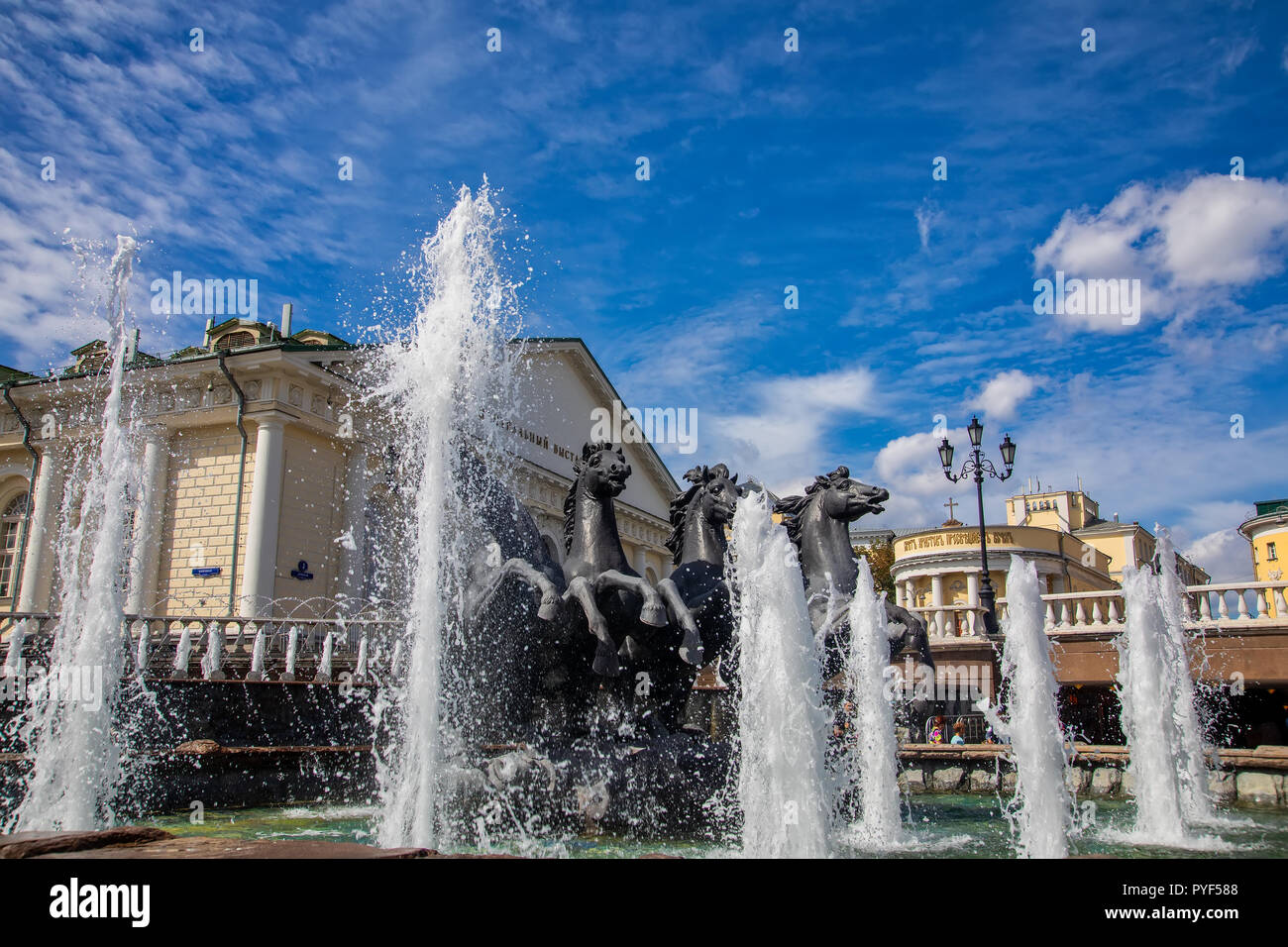 Horse sculpture and a fountain Geyser at the Manege square, the sculptor Zurab Tsereteli, Moscow, Russia. Stock Photo