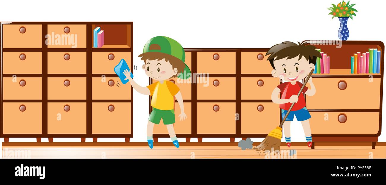 Two boys cleaning drawers and sweeping floor illustration Stock Vector