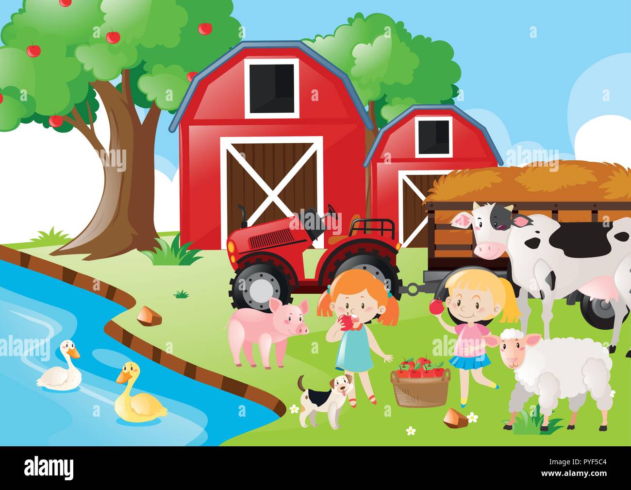 Two girls and farm animals by the river illustration Stock Vector Image ...