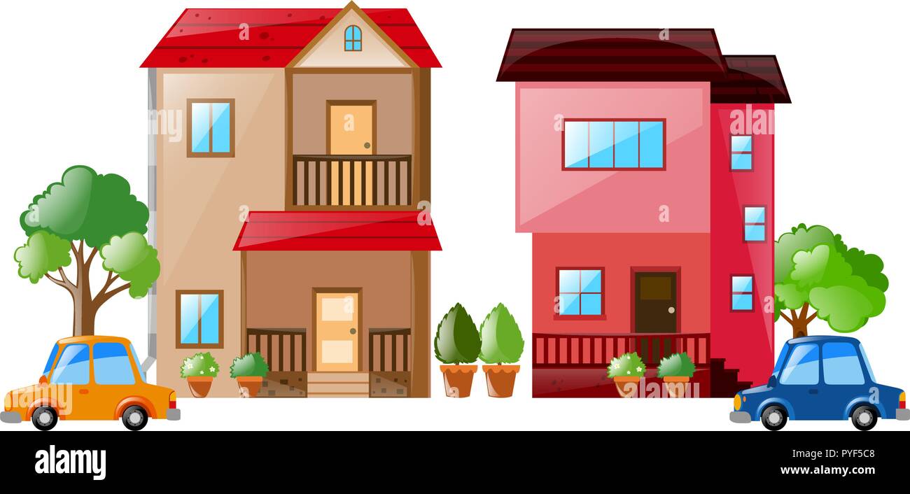 Two houses and cars next to each other illustration Stock Vector Image