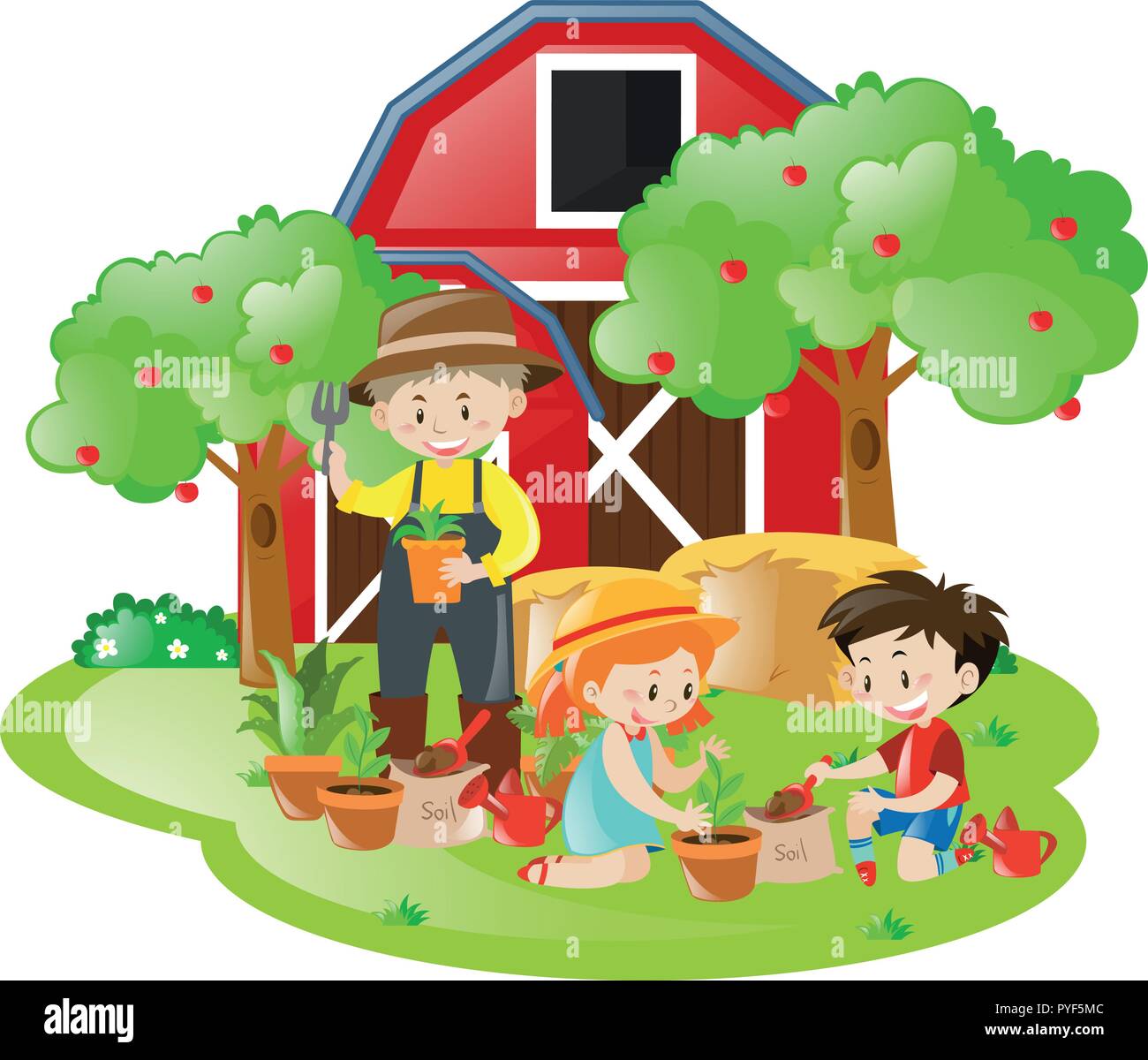 Farm scene with children and farmer planting trees illustration Stock  Vector Image & Art - Alamy