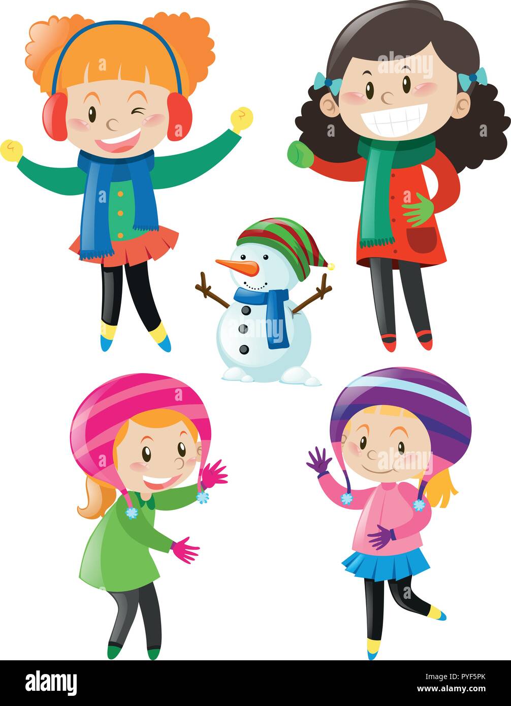 Four girls in colorful winter clothes illustration Stock Vector Image ...