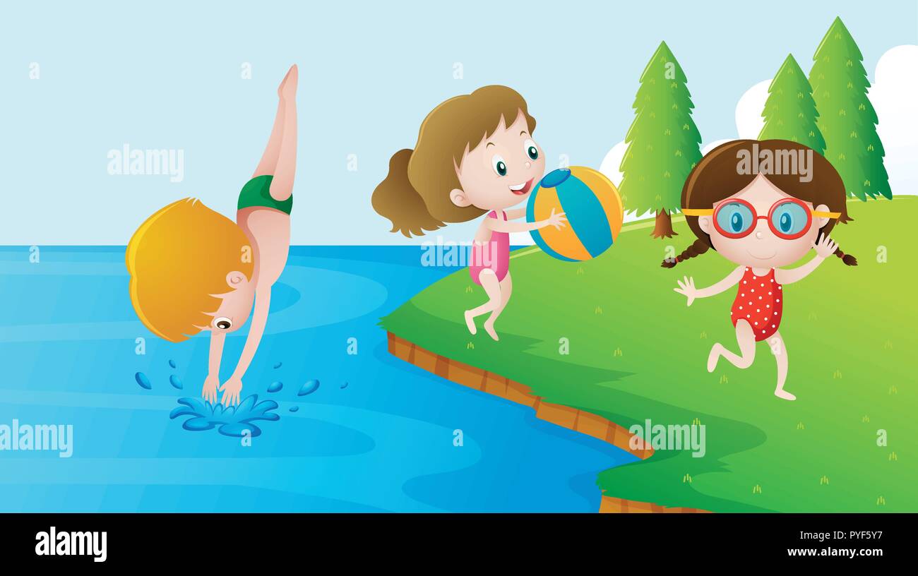 Three kids swimming in the lake illustration Stock Vector