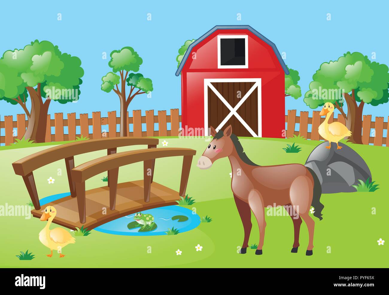Farm scene with horse and ducks illustration Stock Vector Image & Art ...