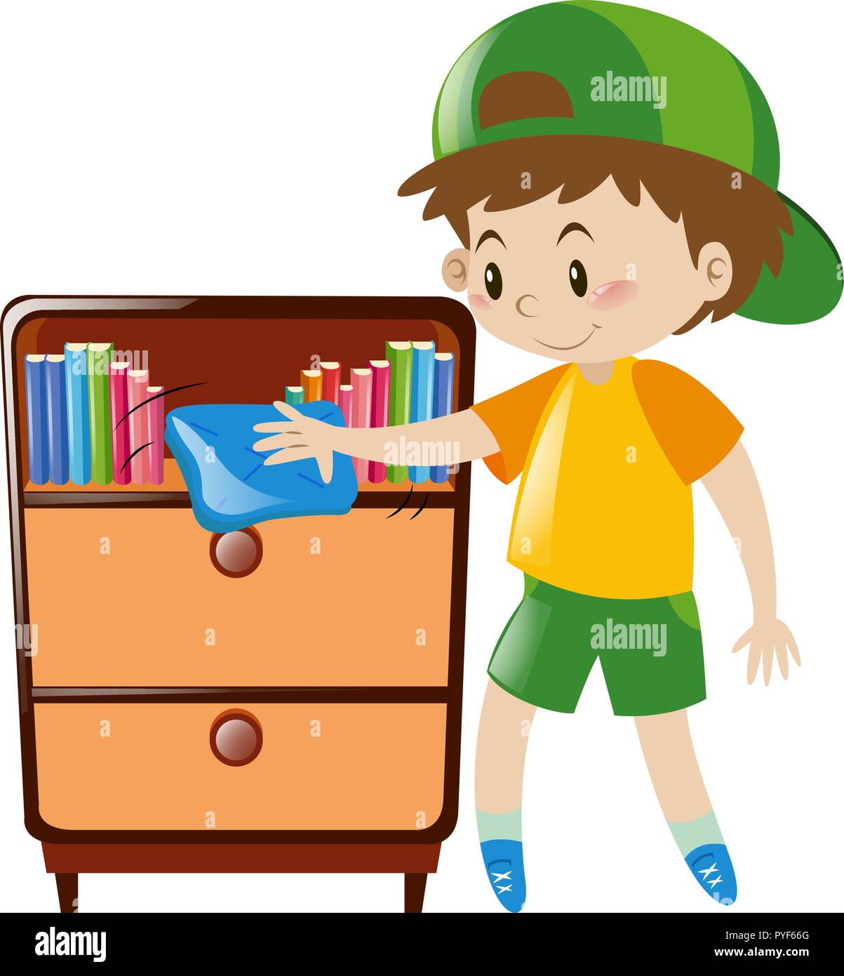 Boy cleaning shelf full of books illustration Stock Vector