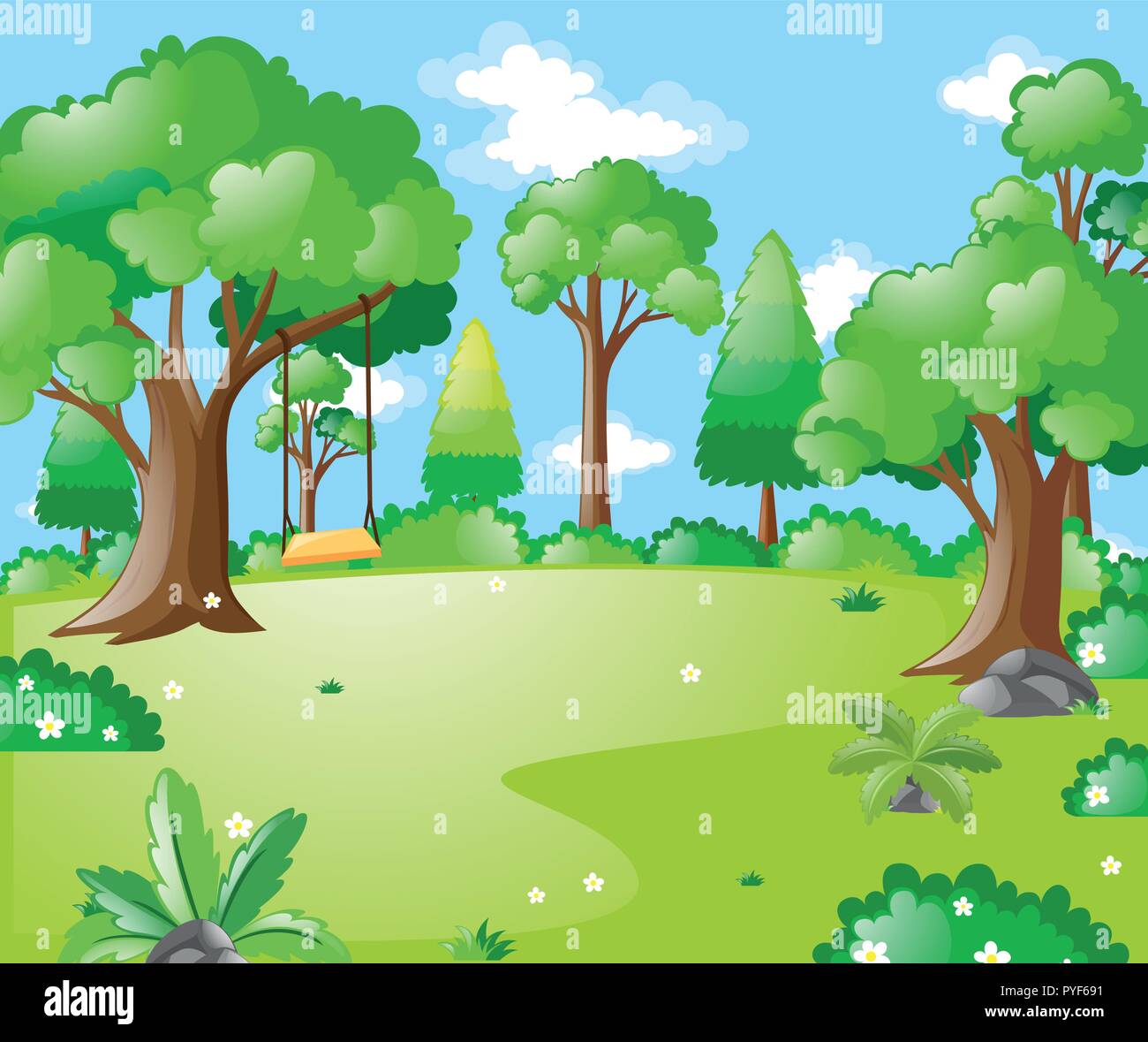 Park scene with many trees and swing illustration Stock Vector Image ...