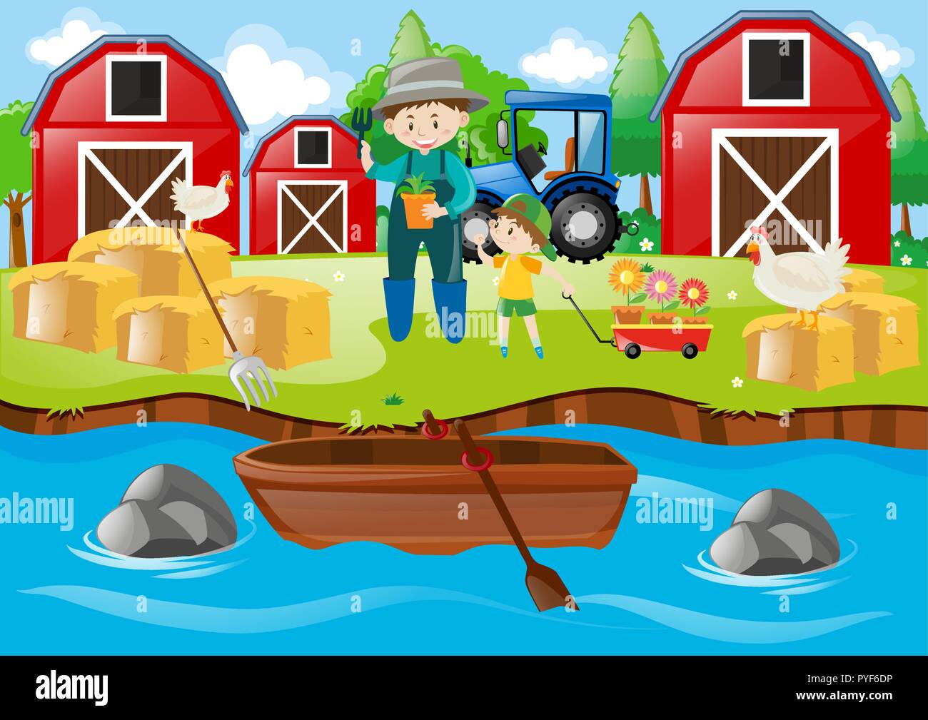 Farmer and boy in the farmyard illustration Stock Vector Image & Art ...