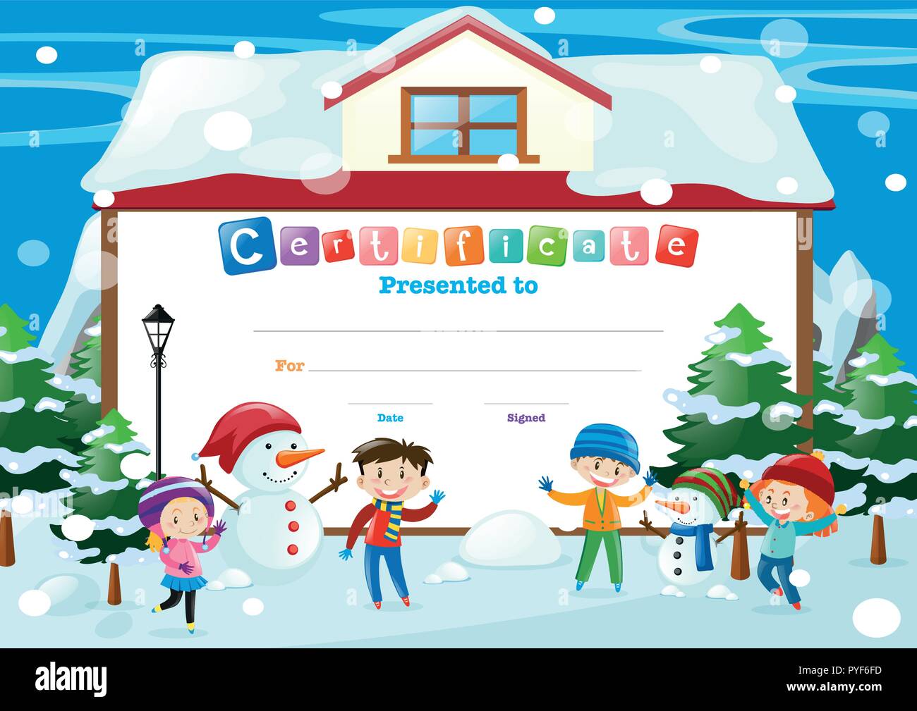 Certificate template with kids and snowman illustration Stock Vector ...