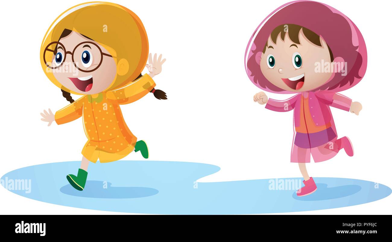 Two girls in raincoat running illustration Stock Vector Image & Art Alamy