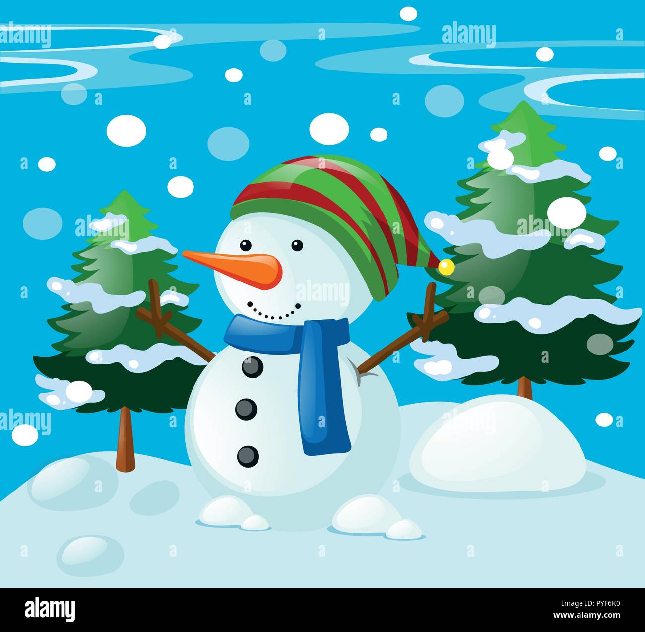 Winter Scene With Snowman In The Field Illustration Stock Vector Image Art Alamy