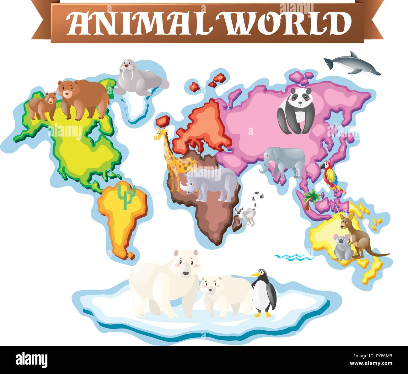 Animals in different parts of the world on map illustration Stock Vector