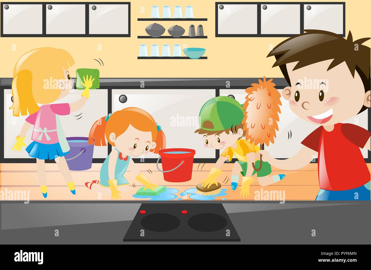 Boys and girls cleaning the kitchen illustration Stock Vector