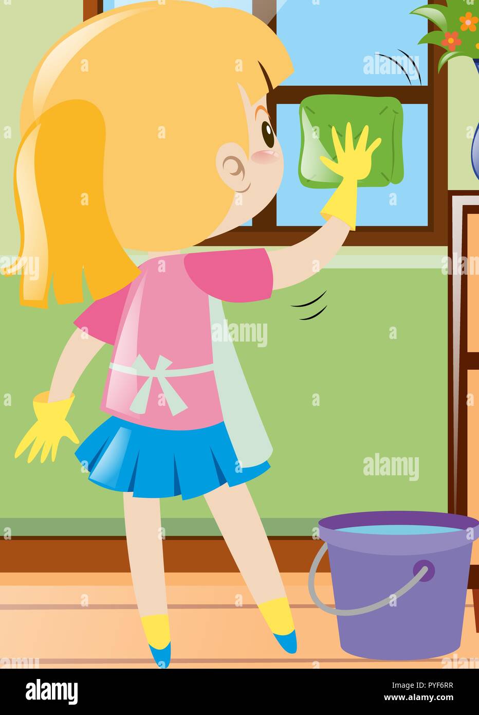 Little girl cleaning window with cloth illustration Stock Vector Image