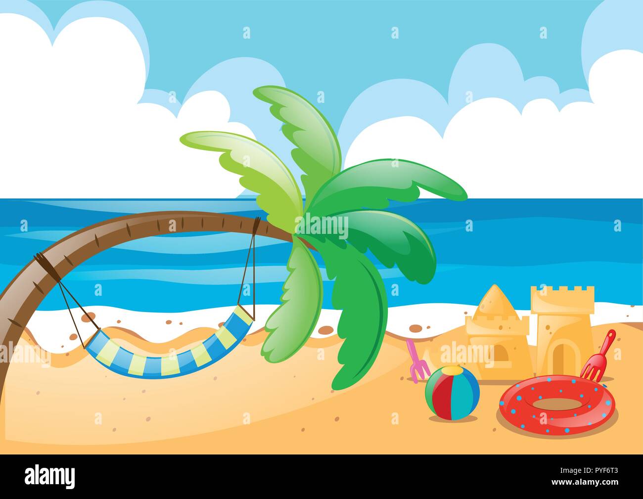 Beach scene with hammock on tree illustration Stock Vector