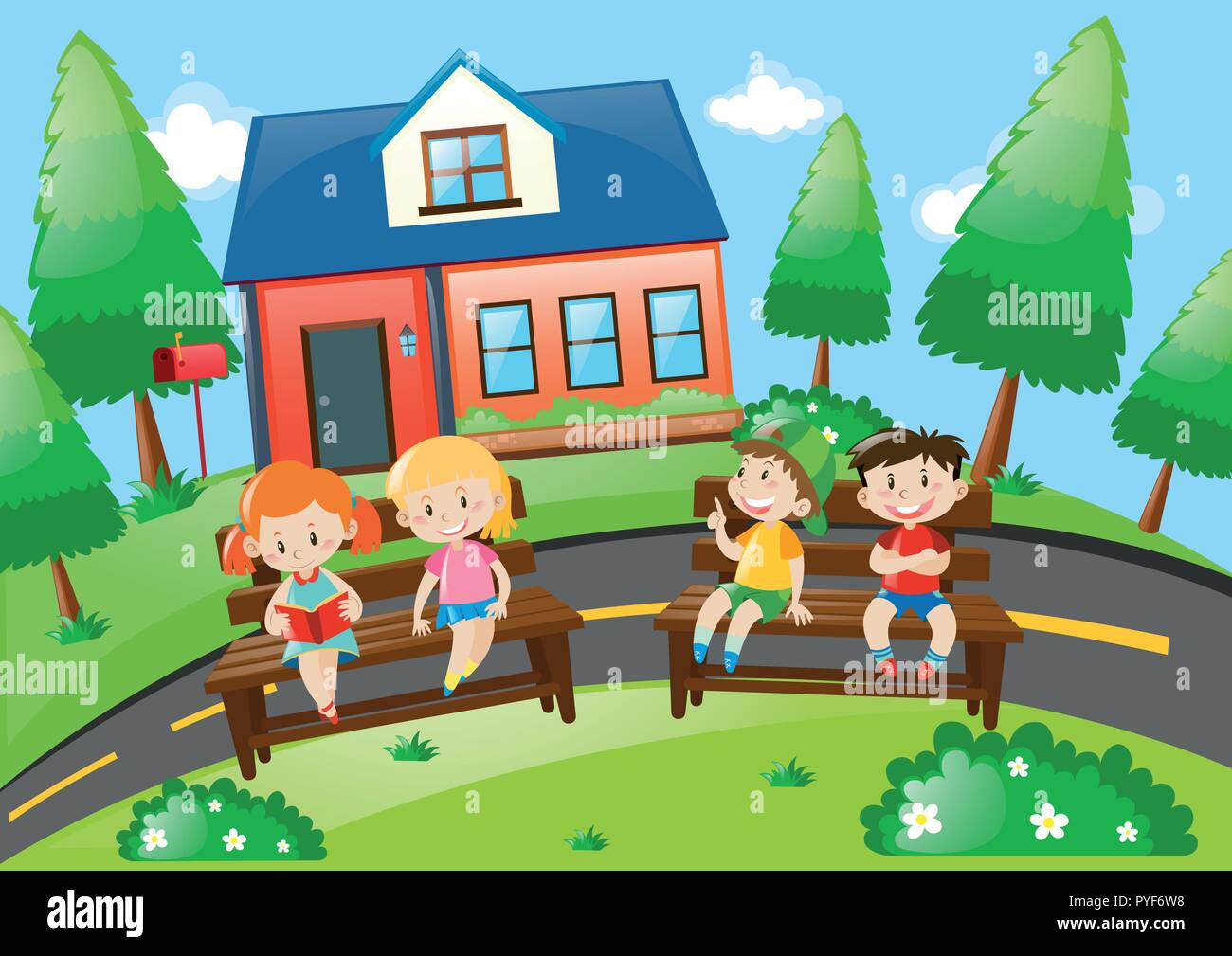 Boys and girls sitting in the park illustration Stock Vector Image ...
